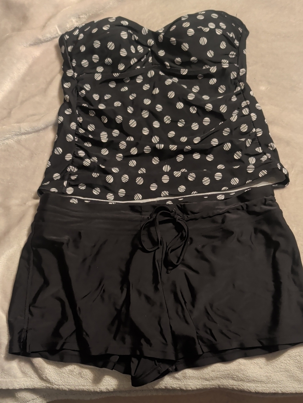 Black Polka Dot Tankini Top with Black Swim Skirted Shorts